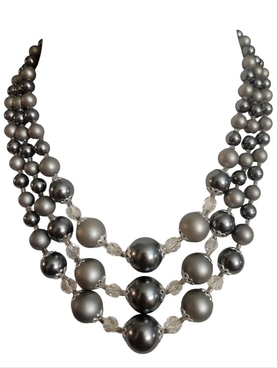 Jewelry - Vintage Three-Strand Grey Faux Pearl Necklace Marked Japan